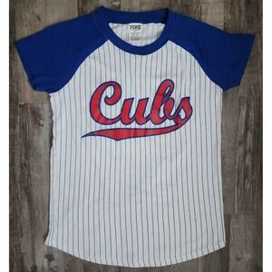 PINK Victoria's Secret T-Shirt Women XS White Blue Cubs MLB Baseball Pinstripe